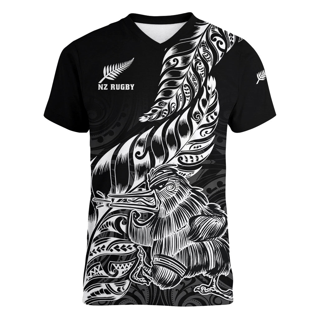 Custom New Zealand Silver Fern Rugby Women V Neck T Shirt Aotearoa Kiwi Maori Black Version LT01 Female Black - Polynesian Pride