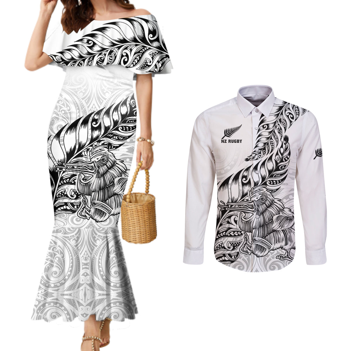 New Zealand Silver Fern Rugby Couples Matching Mermaid Dress and Long Sleeve Button Shirts Aotearoa Kiwi Maori White Version LT01 White - Polynesian Pride