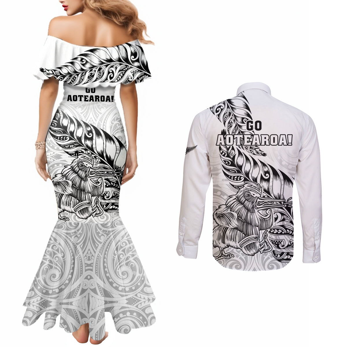 New Zealand Silver Fern Rugby Couples Matching Mermaid Dress and Long Sleeve Button Shirts Aotearoa Kiwi Maori White Version LT01 - Polynesian Pride