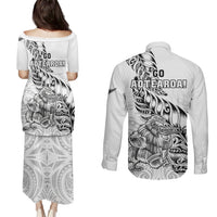 New Zealand Silver Fern Rugby Couples Matching Puletasi Dress and Long Sleeve Button Shirts Aotearoa Kiwi Maori White Version LT01 - Polynesian Pride