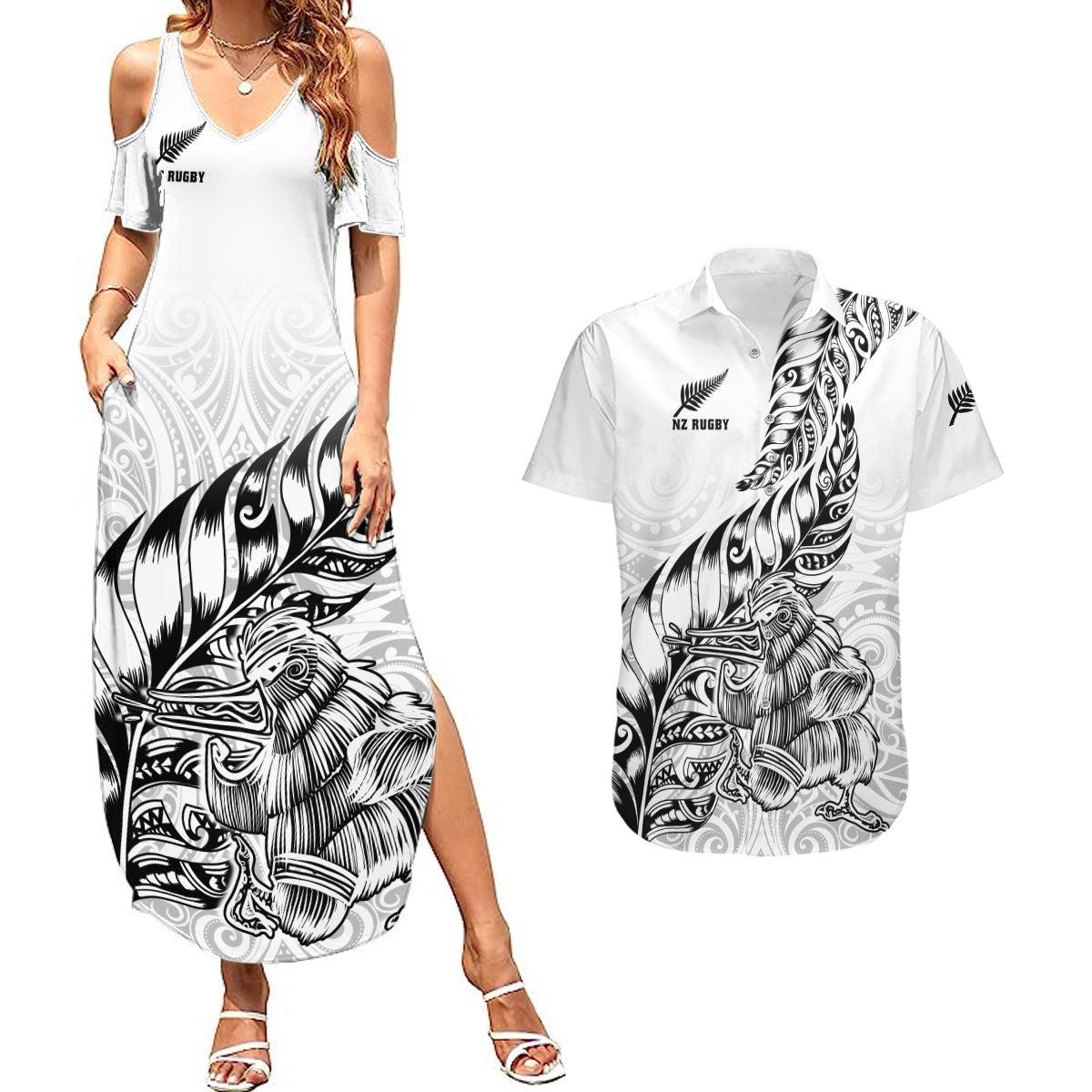 New Zealand Silver Fern Rugby Couples Matching Summer Maxi Dress and Hawaiian Shirt Aotearoa Kiwi Maori White Version LT01 White - Polynesian Pride