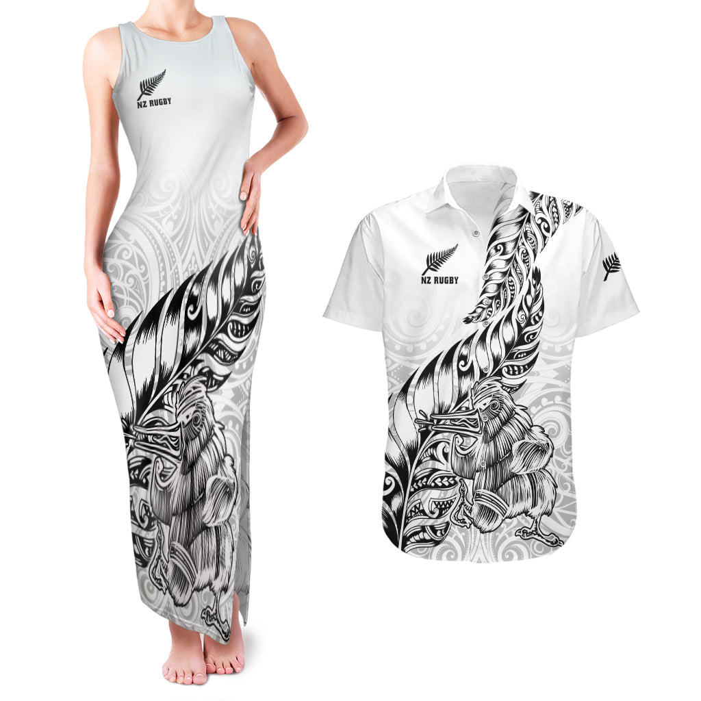 New Zealand Silver Fern Rugby Couples Matching Tank Maxi Dress and Hawaiian Shirt Aotearoa Kiwi Maori White Version LT01 White - Polynesian Pride