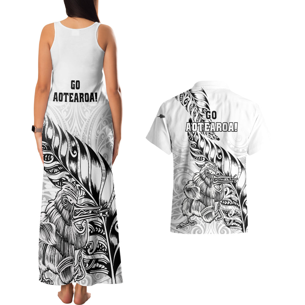 New Zealand Silver Fern Rugby Couples Matching Tank Maxi Dress and Hawaiian Shirt Aotearoa Kiwi Maori White Version LT01 - Polynesian Pride