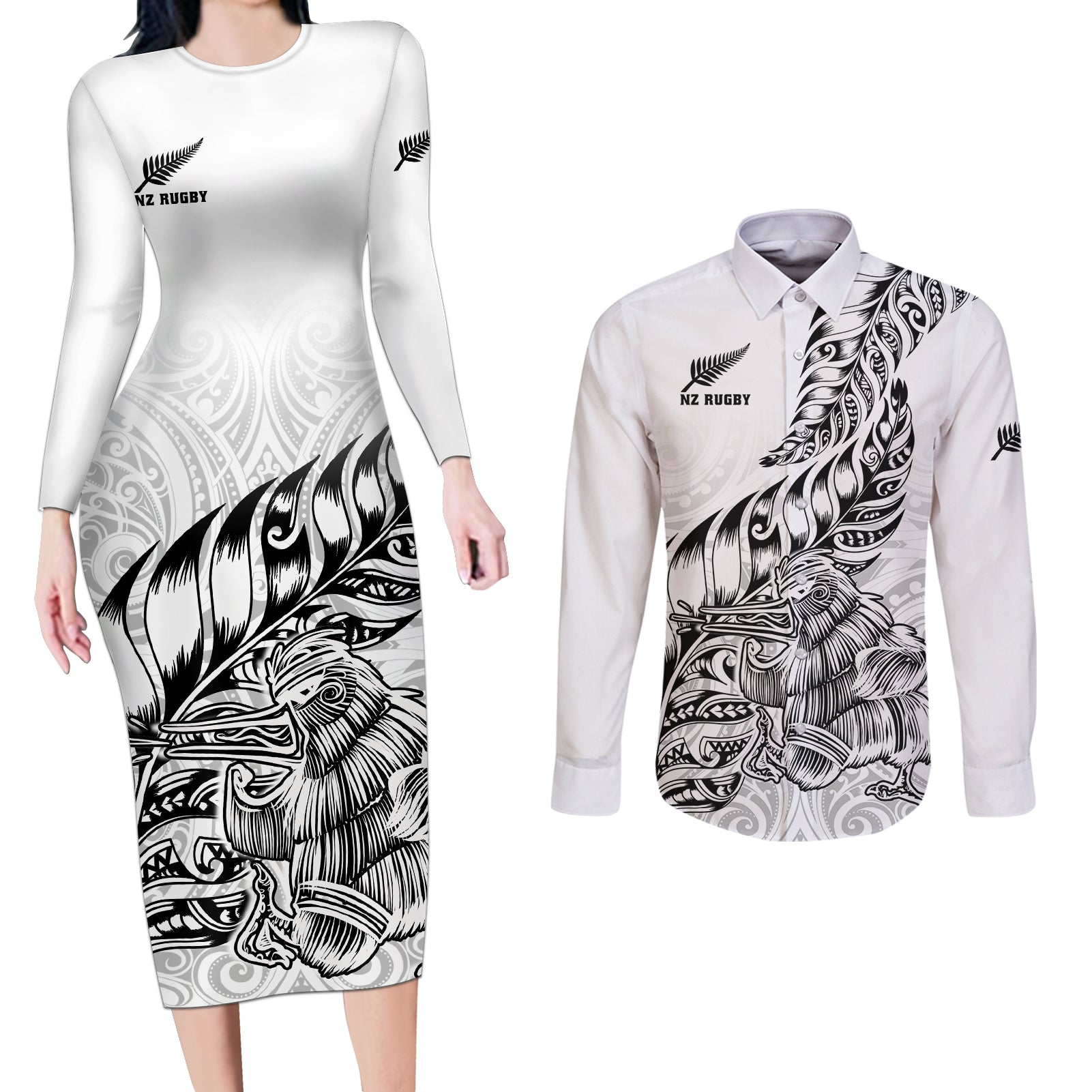 Custom New Zealand Silver Fern Rugby Couples Matching Long Sleeve Bodycon Dress and Long Sleeve Button Shirts Aotearoa Kiwi Maori White Version LT01 White - Polynesian Pride