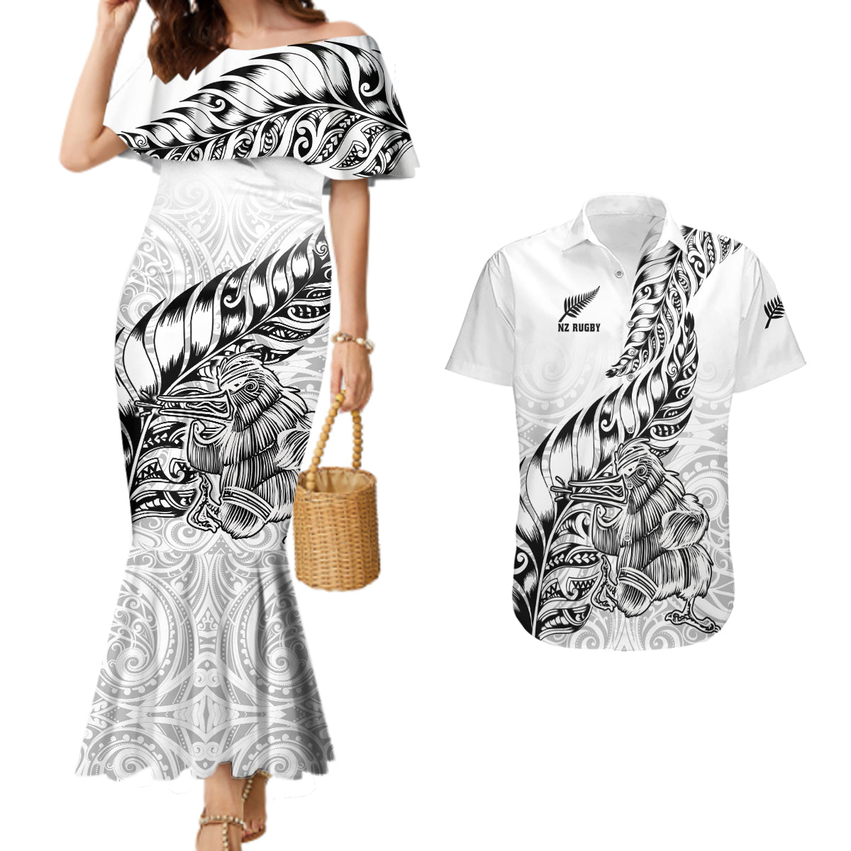 Custom New Zealand Silver Fern Rugby Couples Matching Mermaid Dress and Hawaiian Shirt Aotearoa Kiwi Maori White Version LT01 White - Polynesian Pride