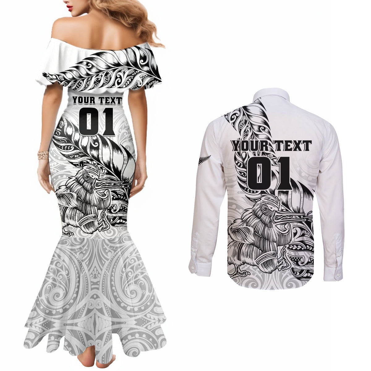 Custom New Zealand Silver Fern Rugby Couples Matching Mermaid Dress and Long Sleeve Button Shirts Aotearoa Kiwi Maori White Version LT01 - Polynesian Pride