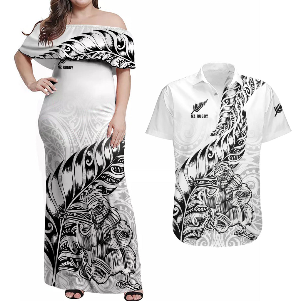 Custom New Zealand Silver Fern Rugby Couples Matching Off Shoulder Maxi Dress and Hawaiian Shirt Aotearoa Kiwi Maori White Version LT01 White - Polynesian Pride