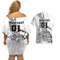 Custom New Zealand Silver Fern Rugby Couples Matching Off Shoulder Short Dress and Hawaiian Shirt Aotearoa Kiwi Maori White Version LT01 - Polynesian Pride
