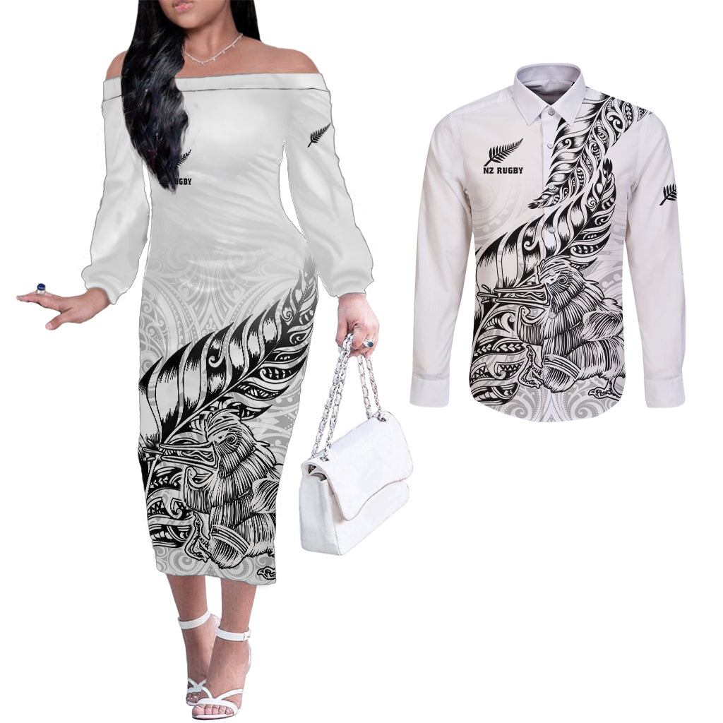 Custom New Zealand Silver Fern Rugby Couples Matching Off The Shoulder Long Sleeve Dress and Long Sleeve Button Shirts Aotearoa Kiwi Maori White Version LT01 White - Polynesian Pride