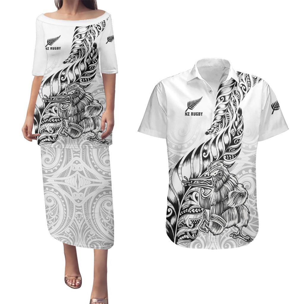 Custom New Zealand Silver Fern Rugby Couples Matching Puletasi Dress and Hawaiian Shirt Aotearoa Kiwi Maori White Version LT01 White - Polynesian Pride