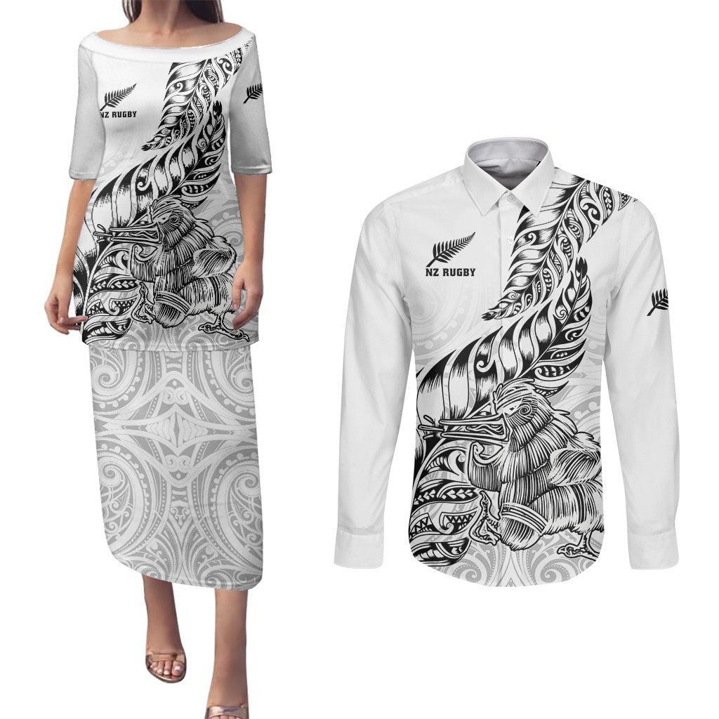 Custom New Zealand Silver Fern Rugby Couples Matching Puletasi Dress and Long Sleeve Button Shirts Aotearoa Kiwi Maori White Version LT01 White - Polynesian Pride
