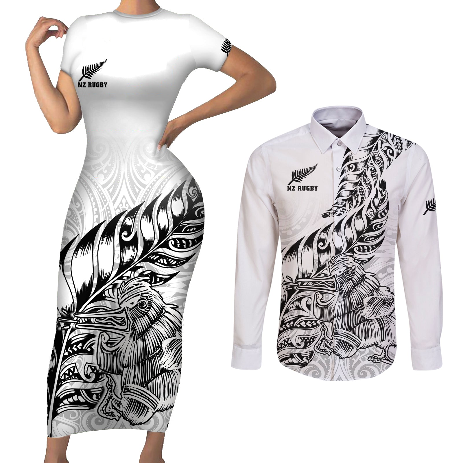 Custom New Zealand Silver Fern Rugby Couples Matching Short Sleeve Bodycon Dress and Long Sleeve Button Shirts Aotearoa Kiwi Maori White Version LT01 White - Polynesian Pride