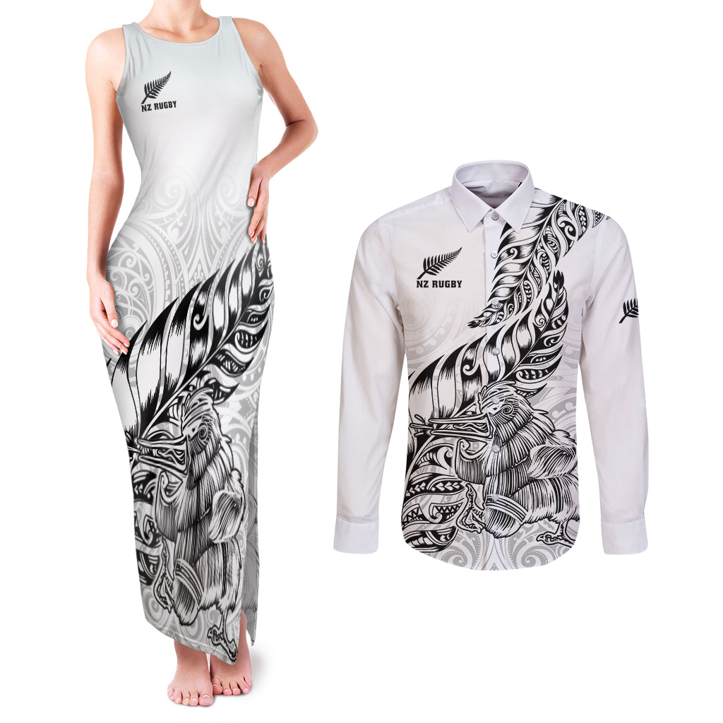 Custom New Zealand Silver Fern Rugby Couples Matching Tank Maxi Dress and Long Sleeve Button Shirts Aotearoa Kiwi Maori White Version LT01 White - Polynesian Pride