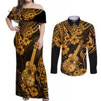 Hawaii Ukulele Couples Matching Off Shoulder Maxi Dress and Long Sleeve Button Shirts Polynesian Pattern Gold Version LT01 Gold - Polynesian Pride