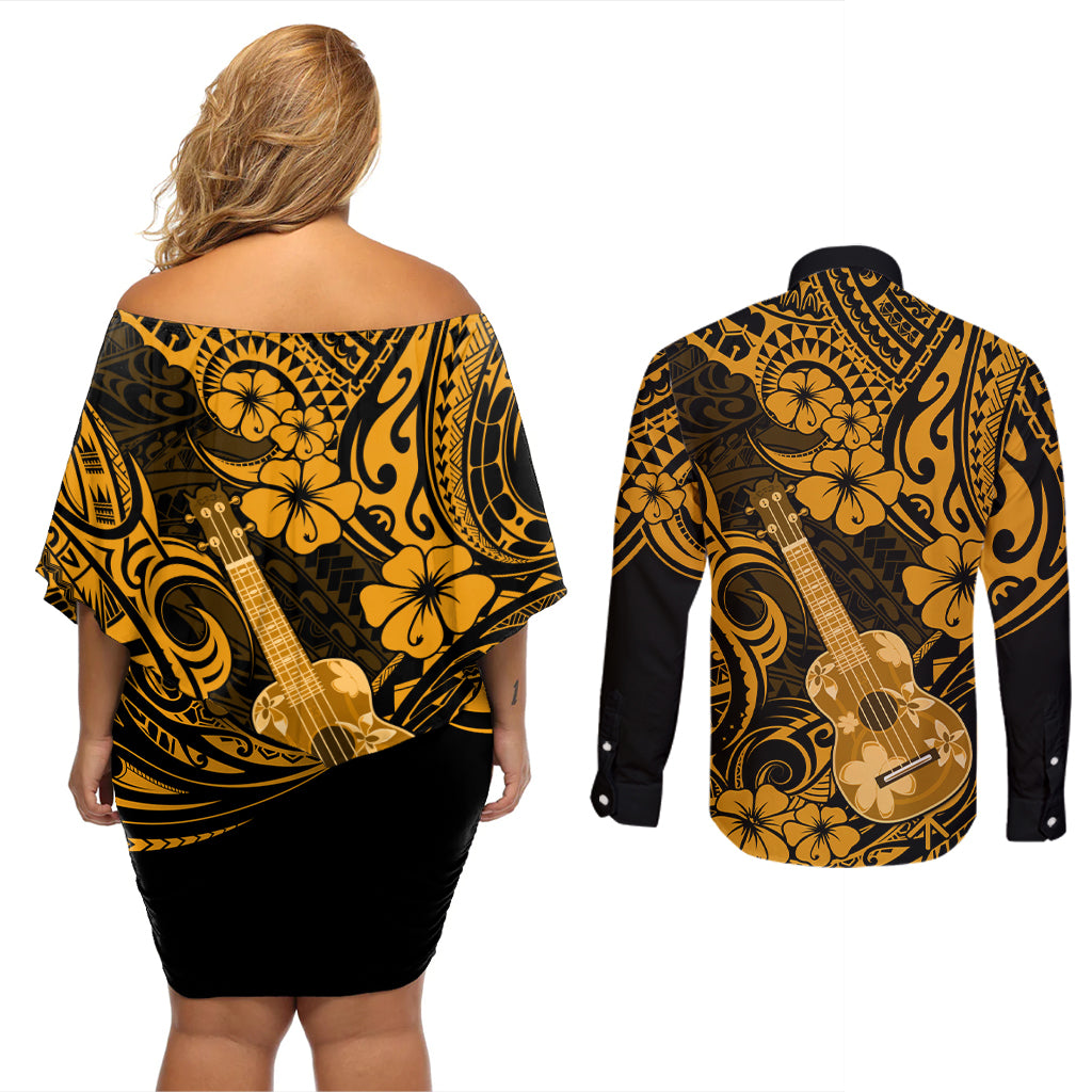 Hawaii Ukulele Couples Matching Off Shoulder Short Dress and Long Sleeve Button Shirts Polynesian Pattern Gold Version LT01 - Polynesian Pride