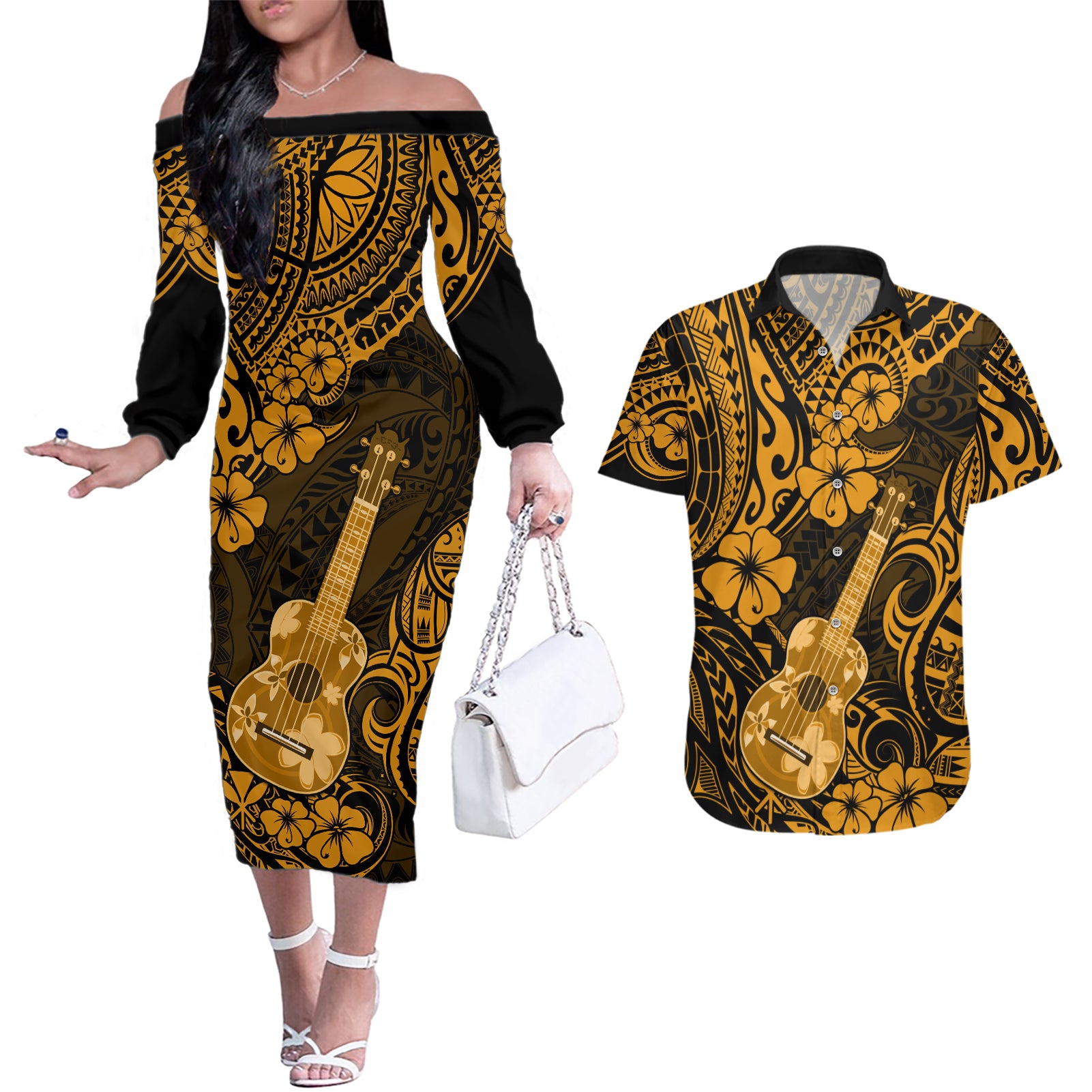 Hawaii Ukulele Couples Matching Off The Shoulder Long Sleeve Dress and Hawaiian Shirt Polynesian Pattern Gold Version LT01 Gold - Polynesian Pride