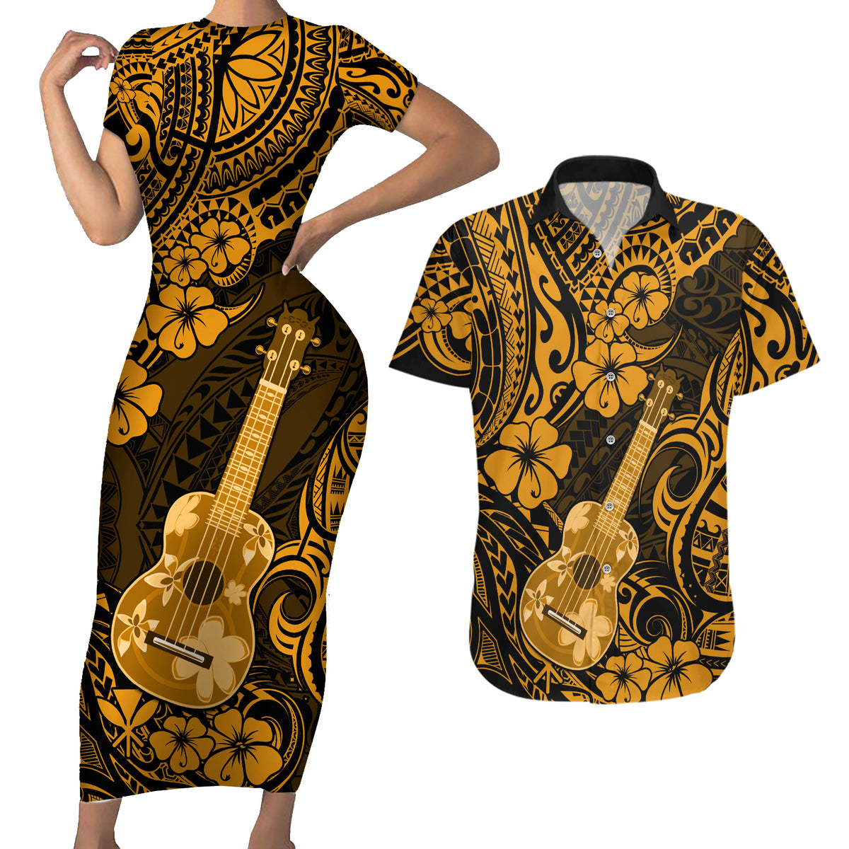 Hawaii Ukulele Couples Matching Short Sleeve Bodycon Dress and Hawaiian Shirt Polynesian Pattern Gold Version LT01 Gold - Polynesian Pride