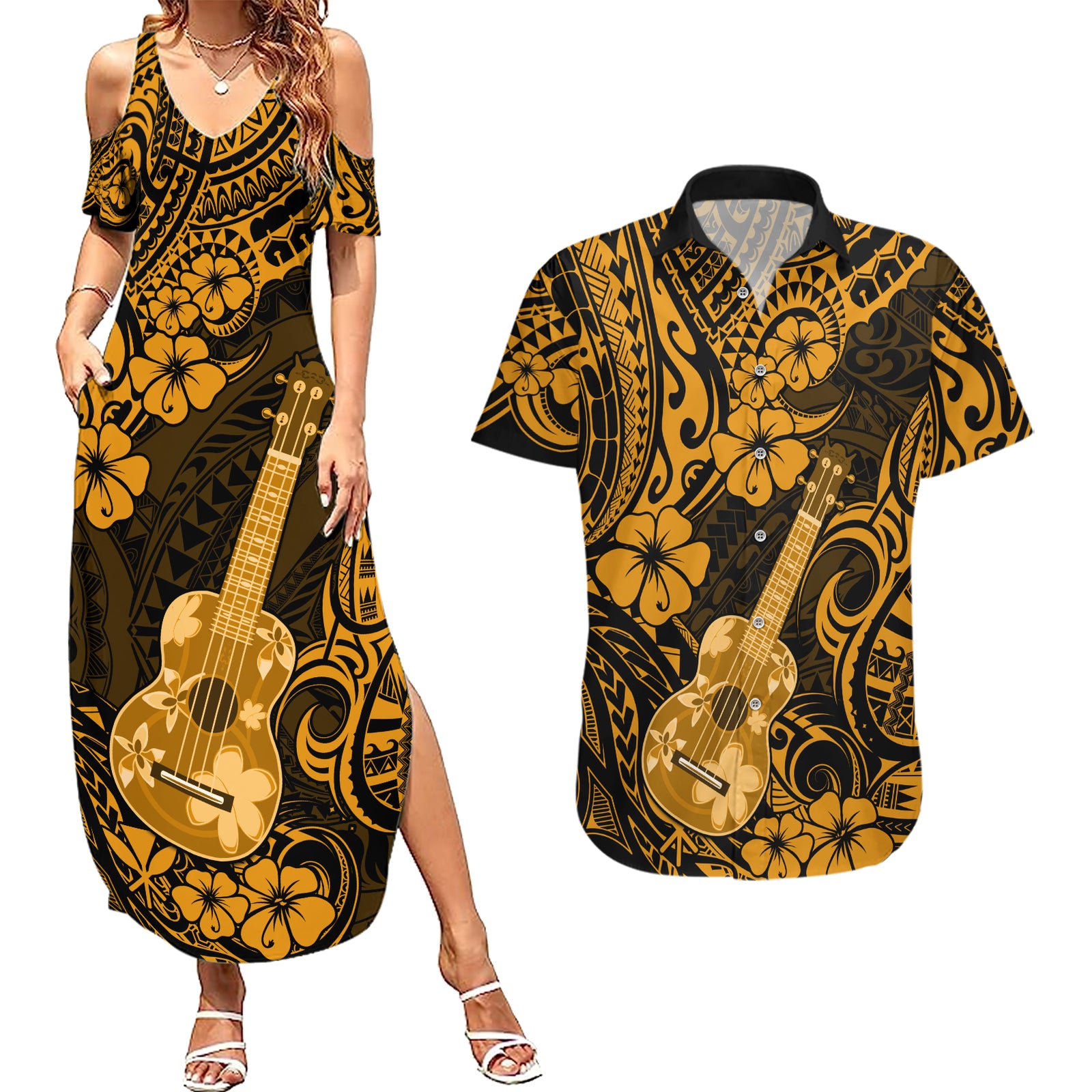 Hawaii Ukulele Couples Matching Summer Maxi Dress and Hawaiian Shirt Polynesian Pattern Gold Version LT01 Gold - Polynesian Pride