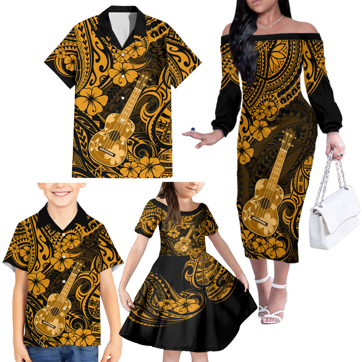 Hawaii Ukulele Family Matching Off Shoulder Long Sleeve Dress and Hawaiian Shirt Polynesian Pattern Gold Version LT01 - Polynesian Pride