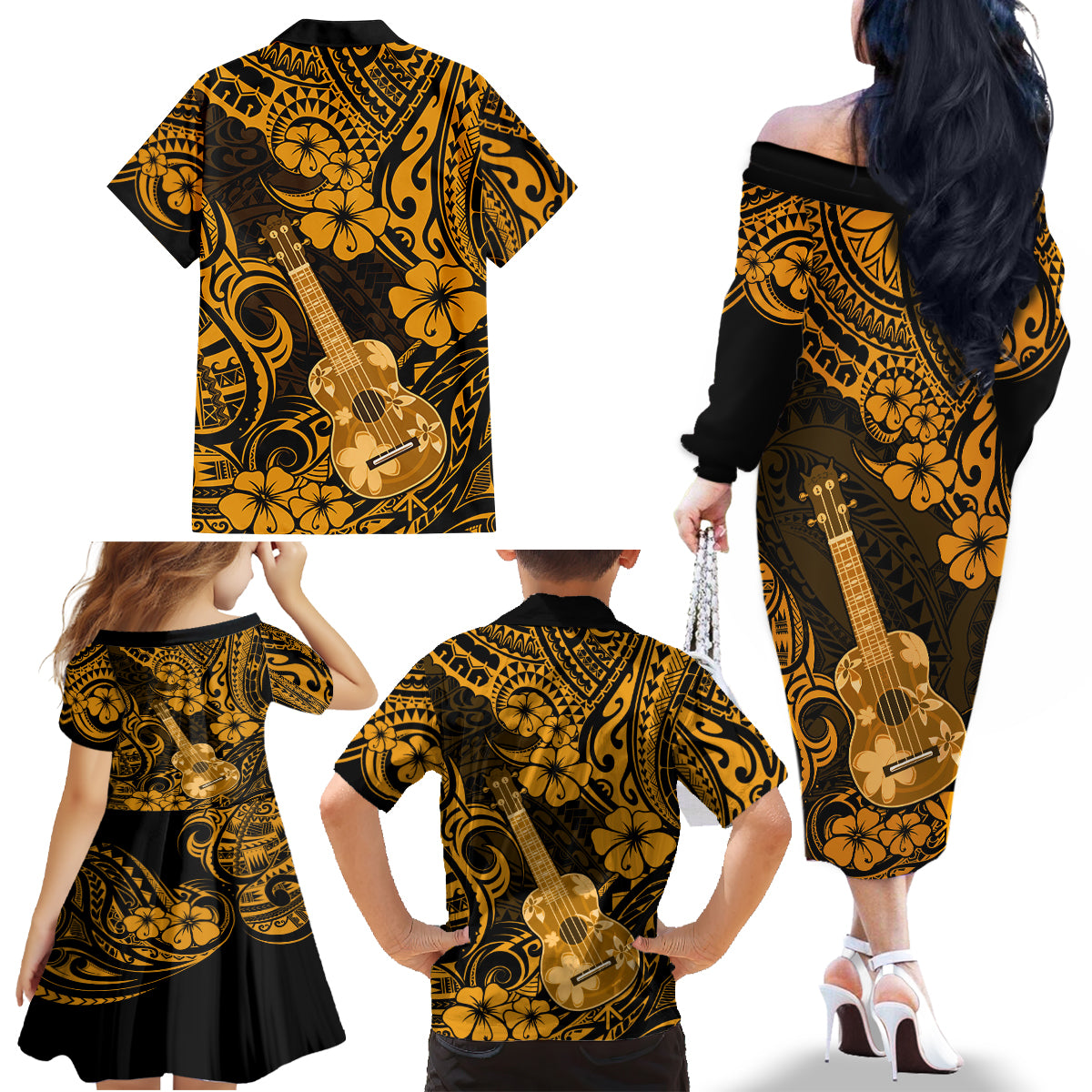 Hawaii Ukulele Family Matching Off Shoulder Long Sleeve Dress and Hawaiian Shirt Polynesian Pattern Gold Version LT01 - Polynesian Pride