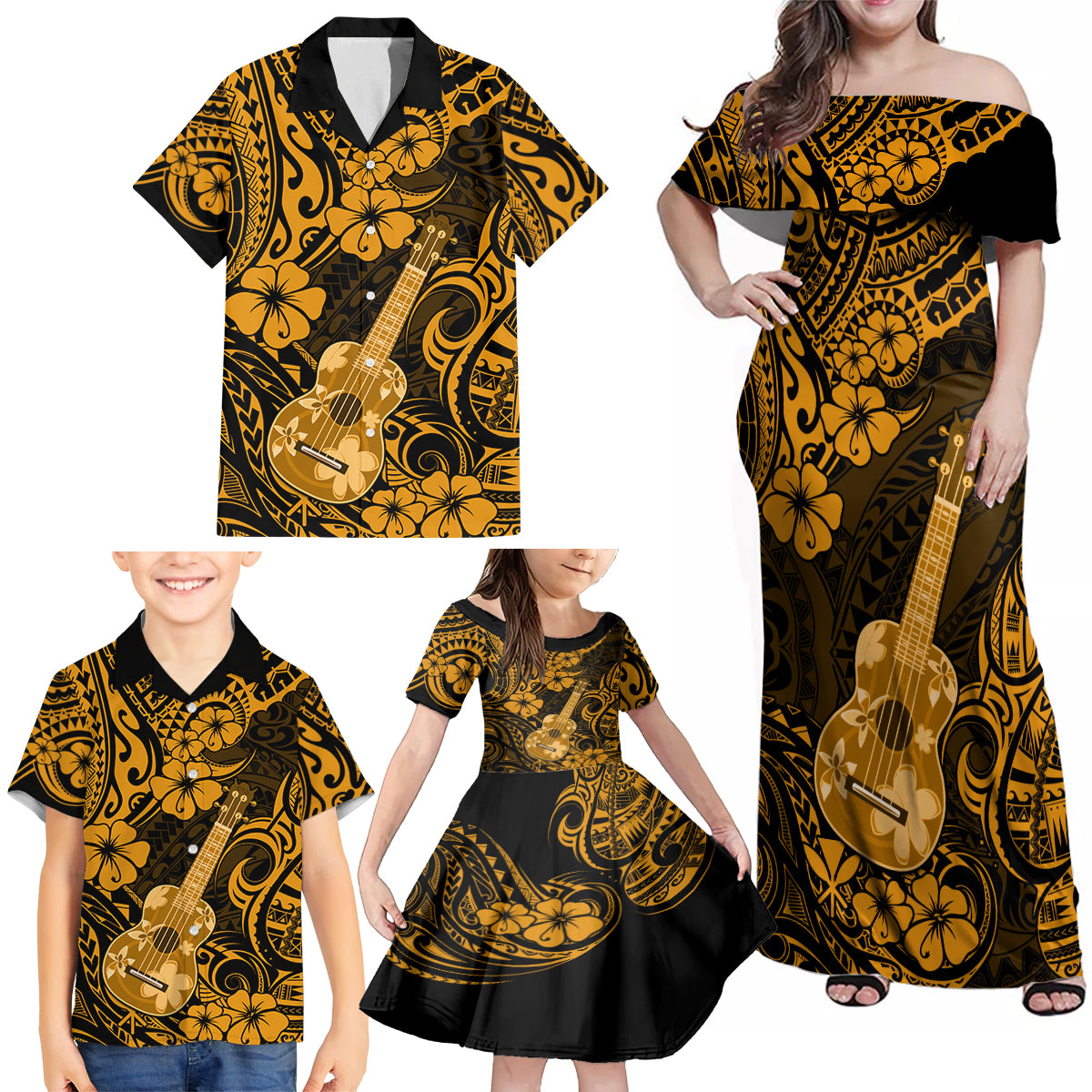 Hawaii Ukulele Family Matching Off Shoulder Maxi Dress and Hawaiian Shirt Polynesian Pattern Gold Version LT01 - Polynesian Pride