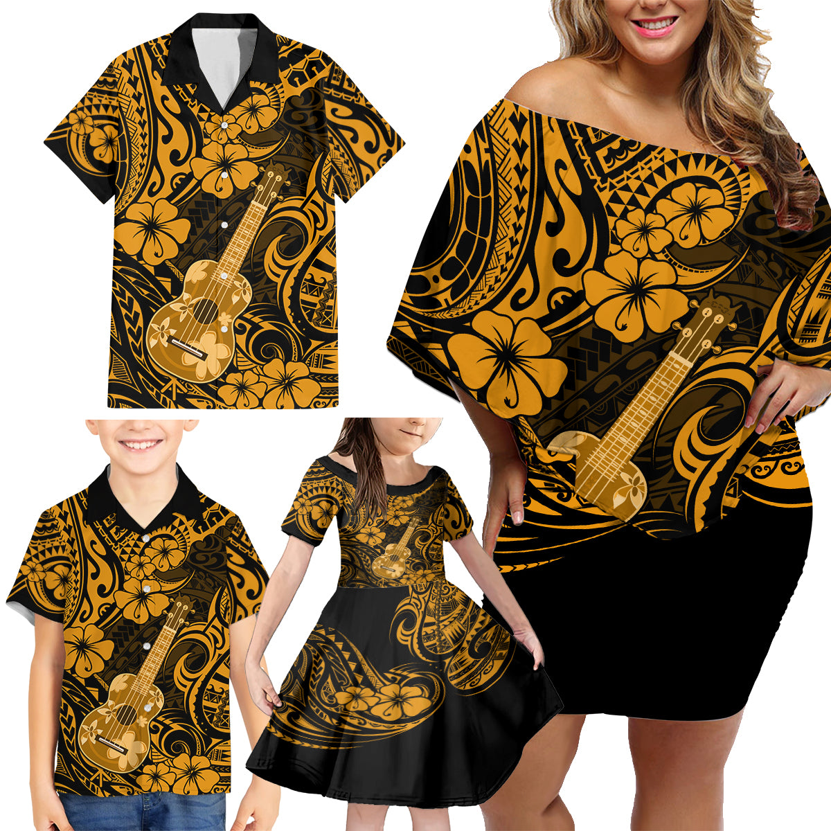 Hawaii Ukulele Family Matching Off Shoulder Short Dress and Hawaiian Shirt Polynesian Pattern Gold Version LT01 - Polynesian Pride