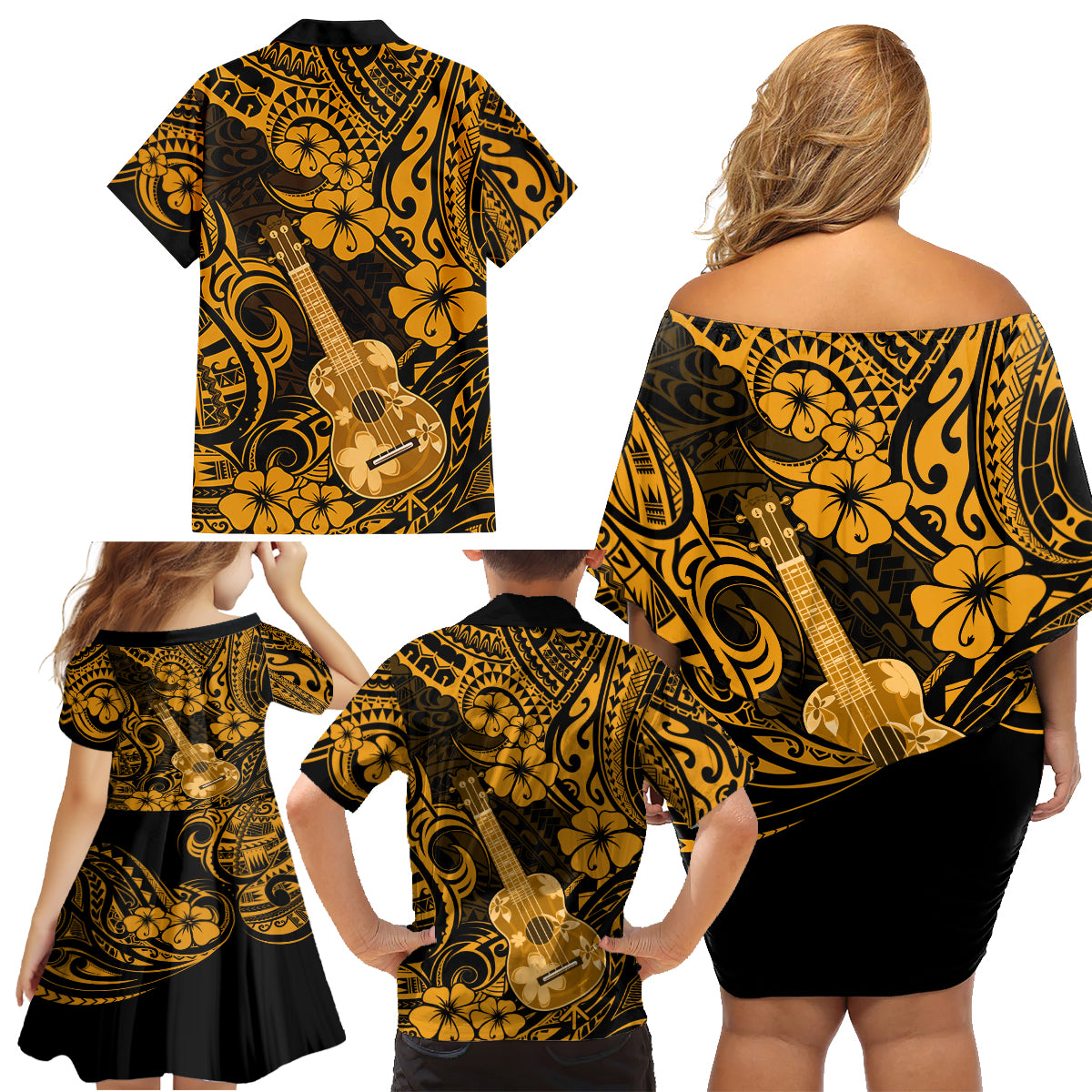 Hawaii Ukulele Family Matching Off Shoulder Short Dress and Hawaiian Shirt Polynesian Pattern Gold Version LT01 - Polynesian Pride