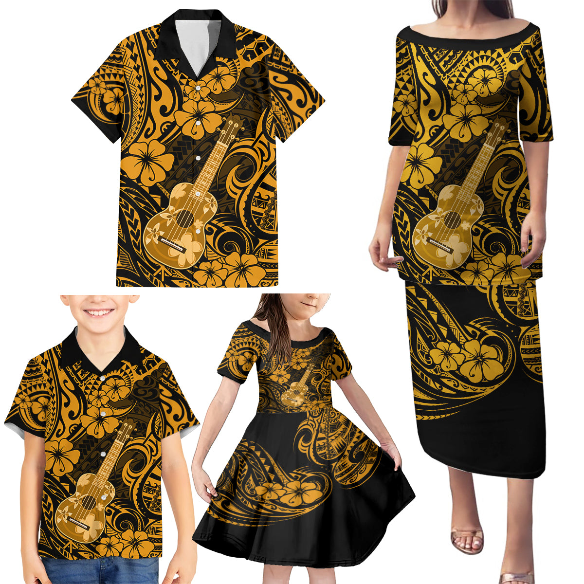 Hawaii Ukulele Family Matching Puletasi Dress and Hawaiian Shirt Polynesian Pattern Gold Version LT01 - Polynesian Pride