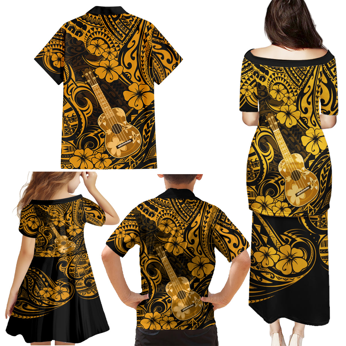 Hawaii Ukulele Family Matching Puletasi Dress and Hawaiian Shirt Polynesian Pattern Gold Version LT01 - Polynesian Pride