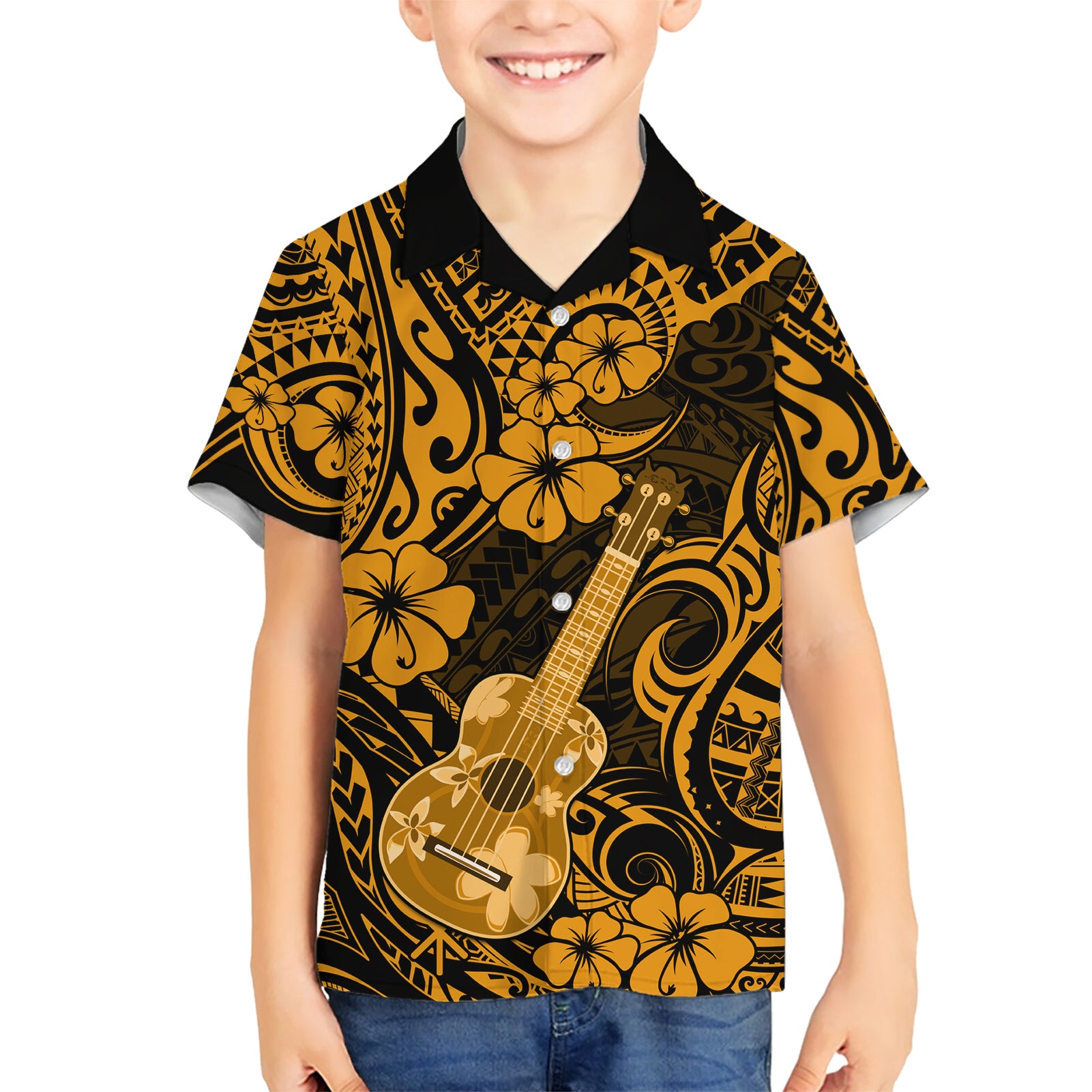 Hawaii Ukulele Kid Hawaiian Shirt Polynesian Pattern Gold Version LT01 Kid Gold - Polynesian Pride