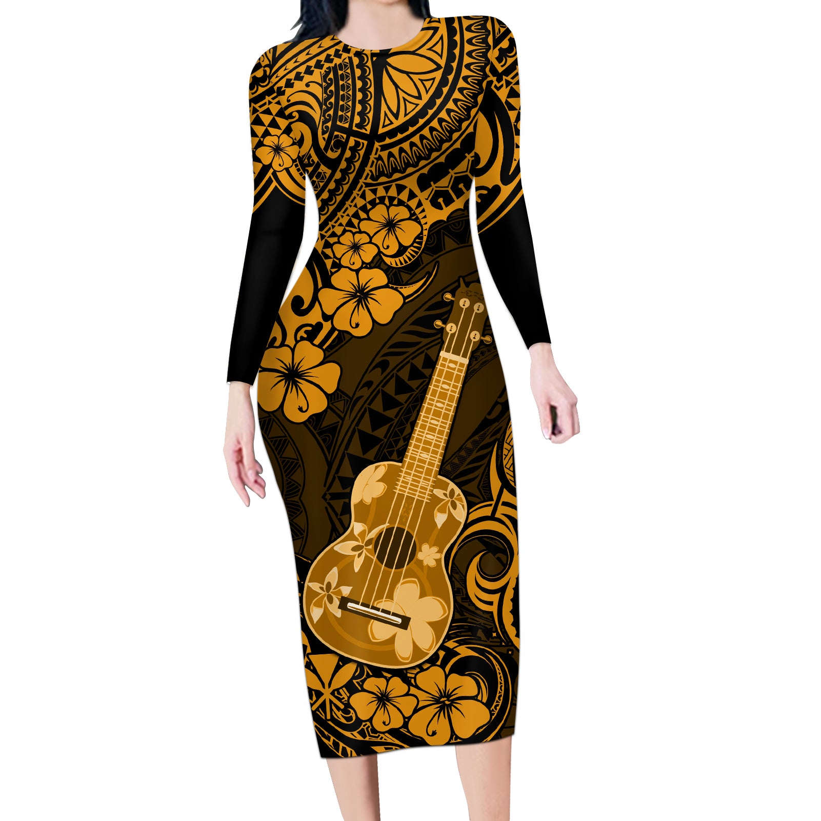 Hawaii Ukulele Long Sleeve Bodycon Dress Polynesian Pattern Gold Version LT01 Long Dress Gold - Polynesian Pride