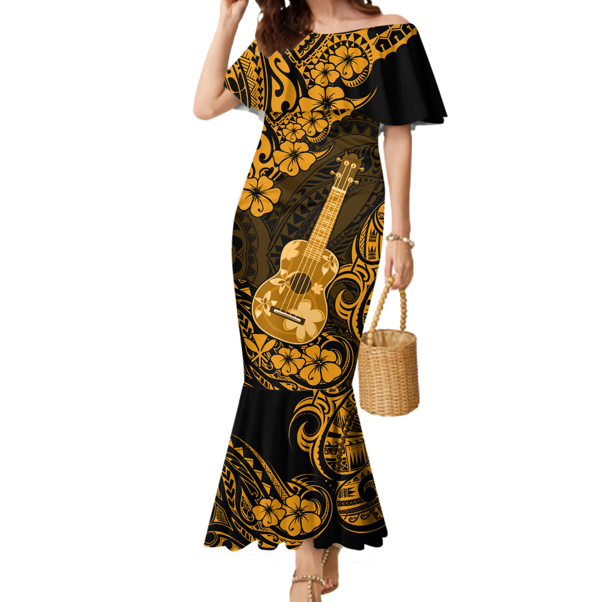 Hawaii Ukulele Mermaid Dress Polynesian Pattern Gold Version LT01 Women Gold - Polynesian Pride