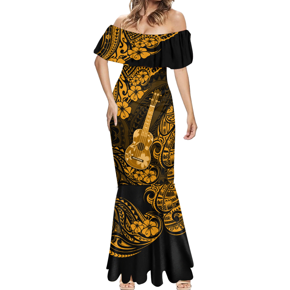 Hawaii Ukulele Mermaid Dress Polynesian Pattern Gold Version LT01 - Polynesian Pride