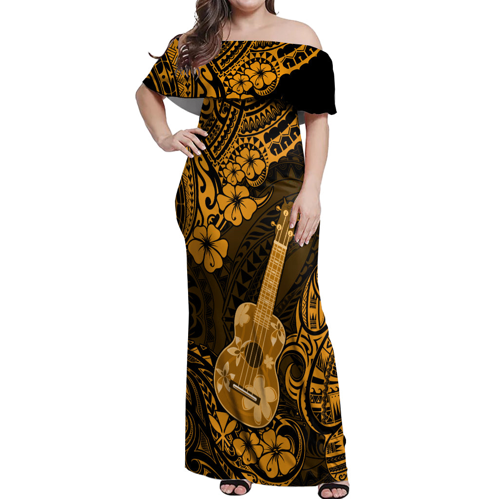 Hawaii Ukulele Off Shoulder Maxi Dress Polynesian Pattern Gold Version LT01 Women Gold - Polynesian Pride