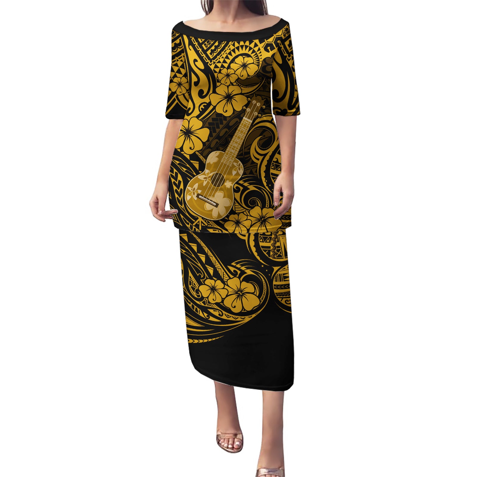 Hawaii Ukulele Puletasi Polynesian Pattern Gold Version LT01 Long Dress Gold - Polynesian Pride