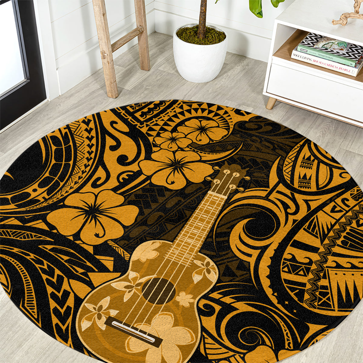 Hawaii Ukulele Round Carpet Polynesian Pattern Gold Version LT01 Gold - Polynesian Pride