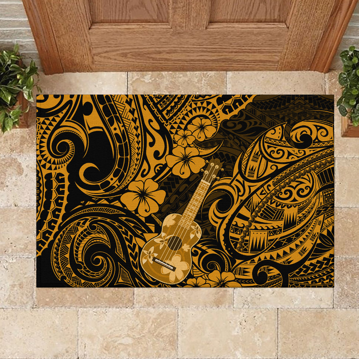Hawaii Ukulele Rubber Doormat Polynesian Pattern Gold Version LT01 - Polynesian Pride