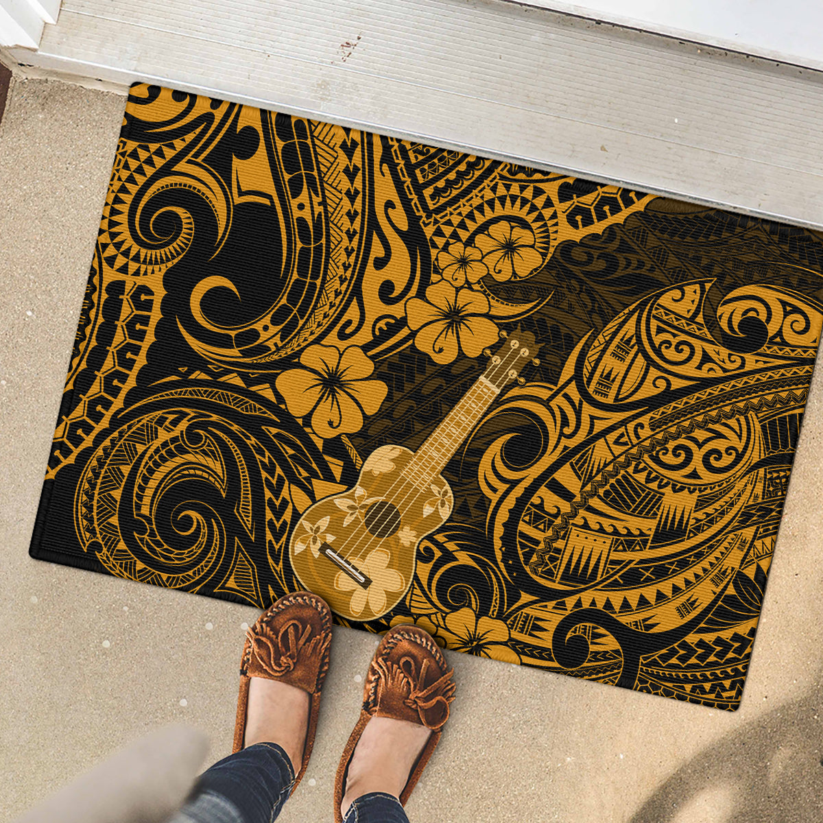 Hawaii Ukulele Rubber Doormat Polynesian Pattern Gold Version LT01 - Polynesian Pride