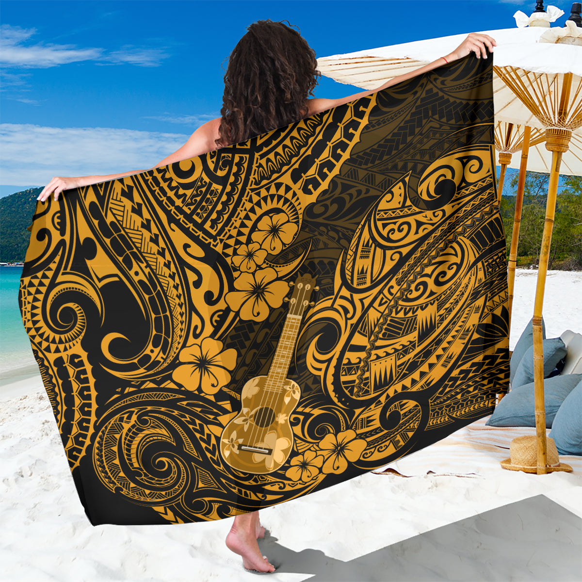 Hawaii Ukulele Sarong Polynesian Pattern Gold Version LT01 One Size 44 x 66 inches Gold - Polynesian Pride