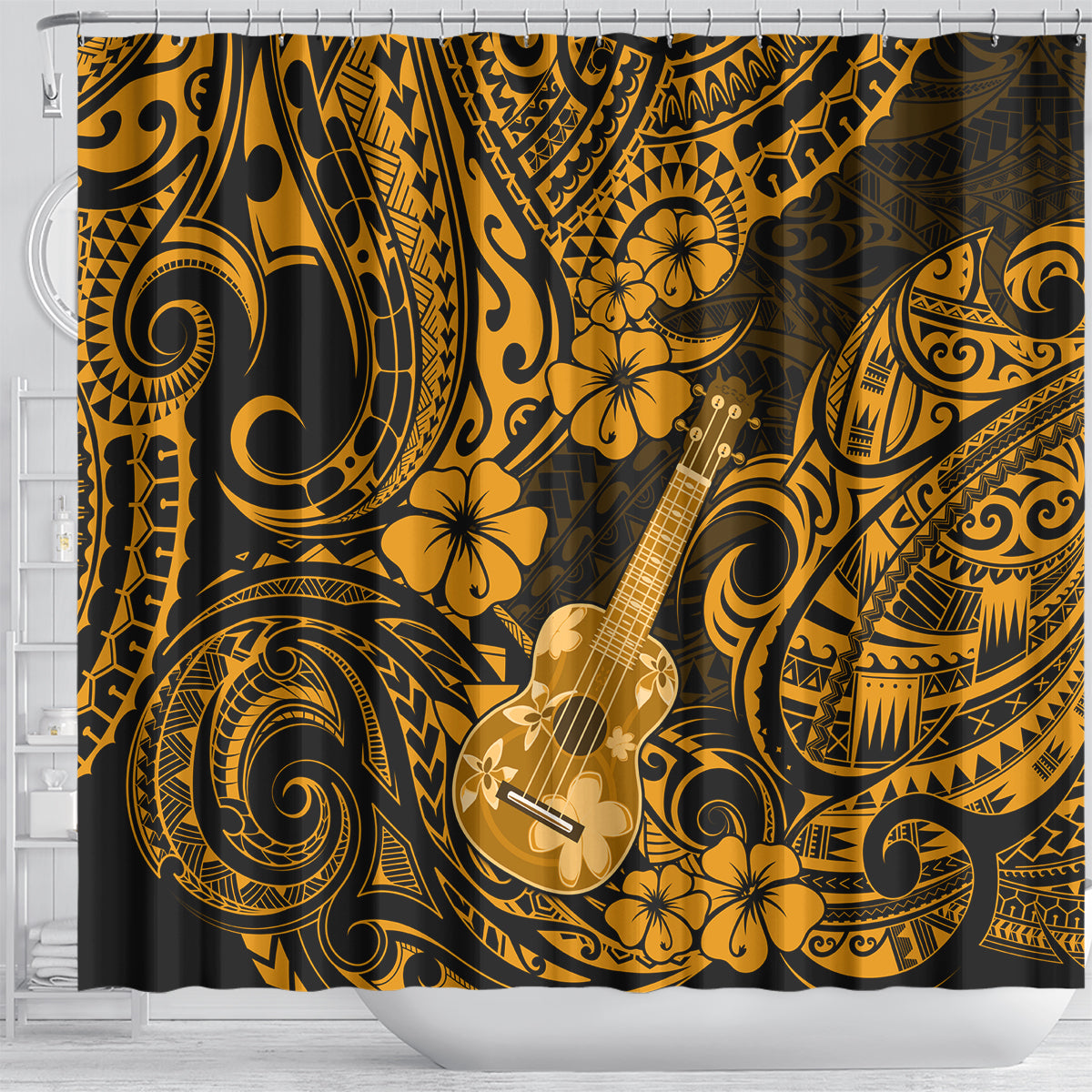 Hawaii Ukulele Shower Curtain Polynesian Pattern Gold Version LT01 - Polynesian Pride