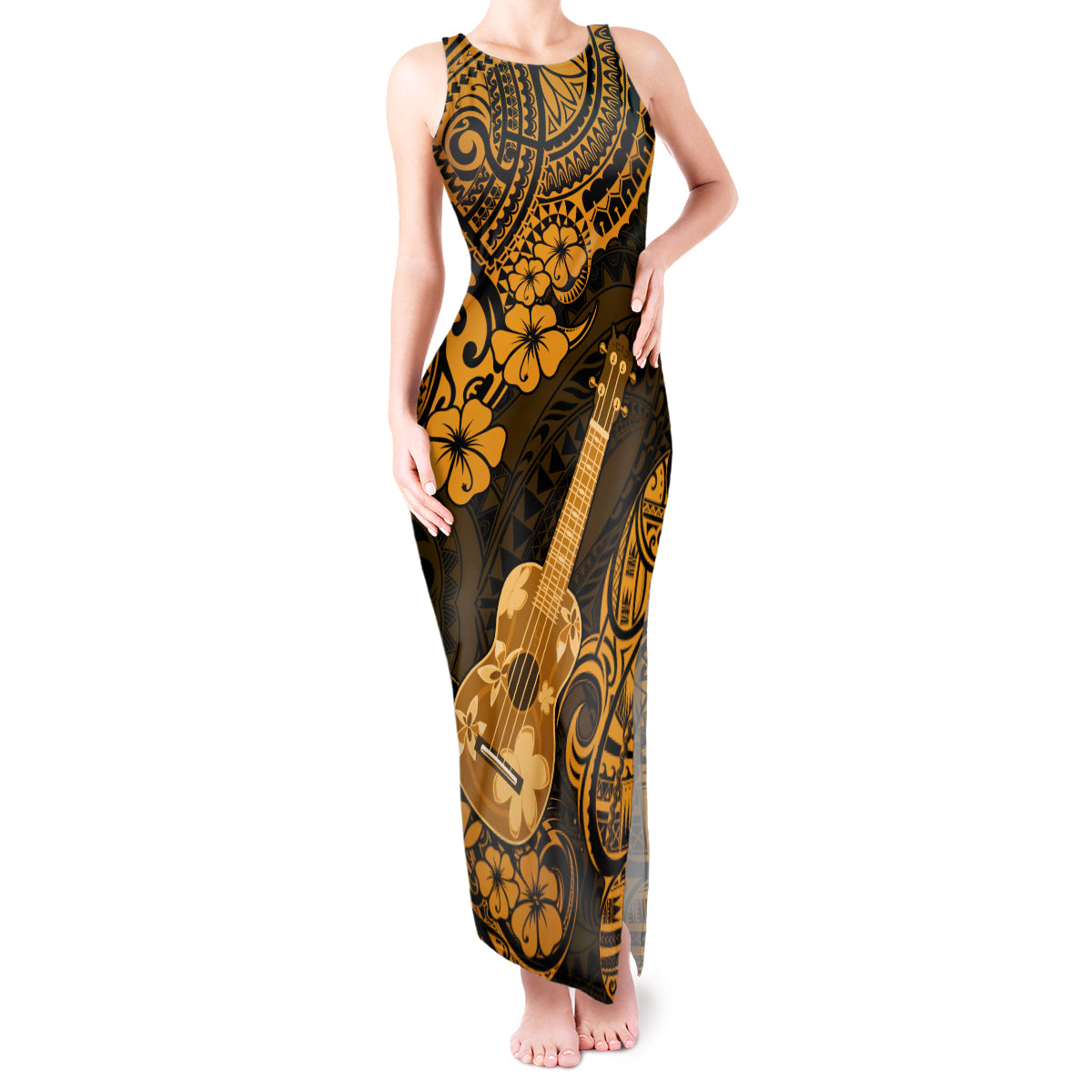 Hawaii Ukulele Tank Maxi Dress Polynesian Pattern Gold Version LT01 Women Gold - Polynesian Pride