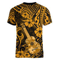 Hawaii Ukulele Women V Neck T Shirt Polynesian Pattern Gold Version LT01 - Polynesian Pride