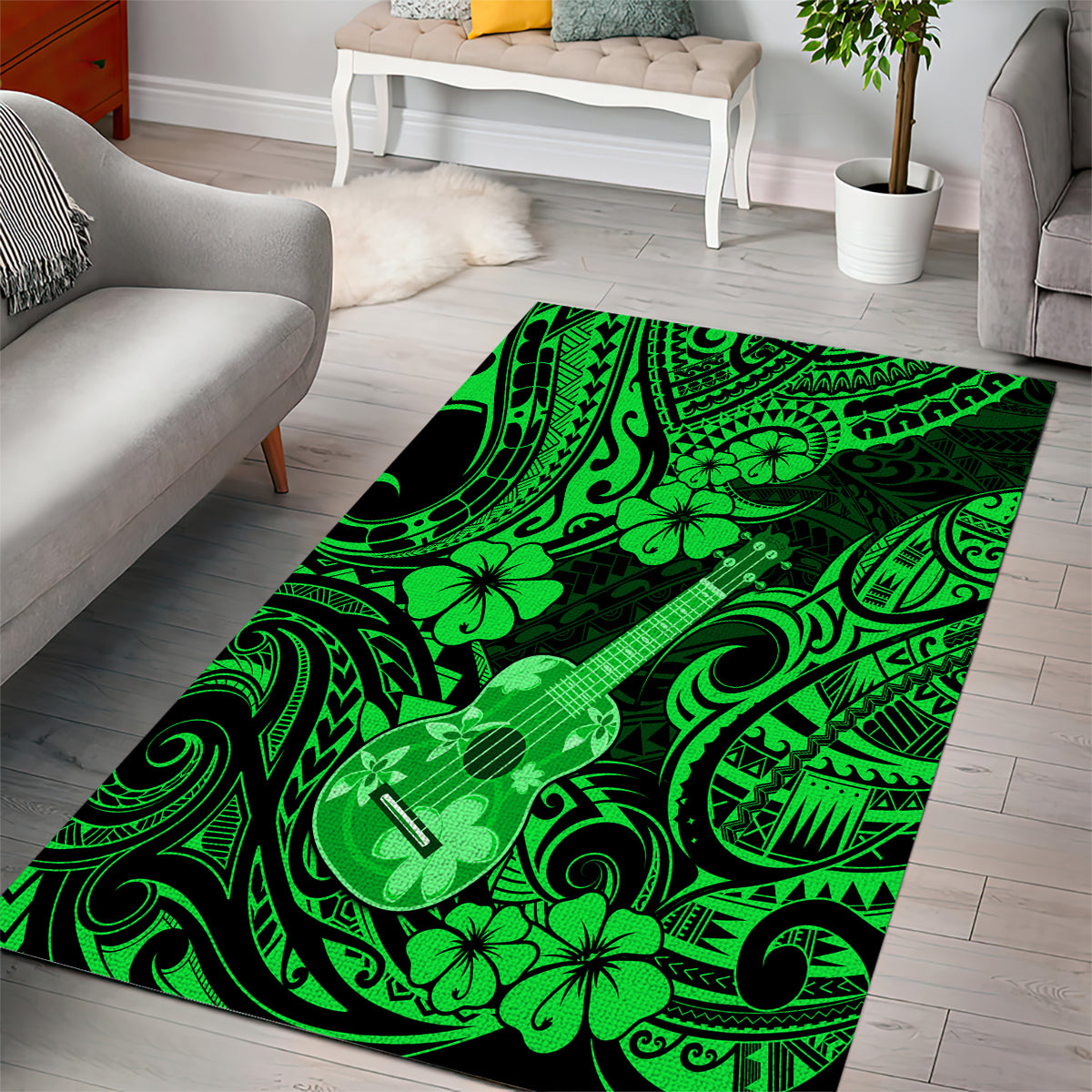 Hawaii Ukulele Area Rug Polynesian Pattern Green Version LT01 - Polynesian Pride