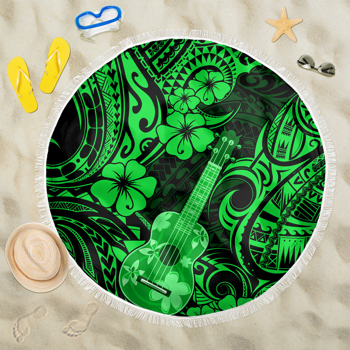 Hawaii Ukulele Beach Blanket Polynesian Pattern Green Version LT01 One Size 150cm Green - Wonder Print Shop