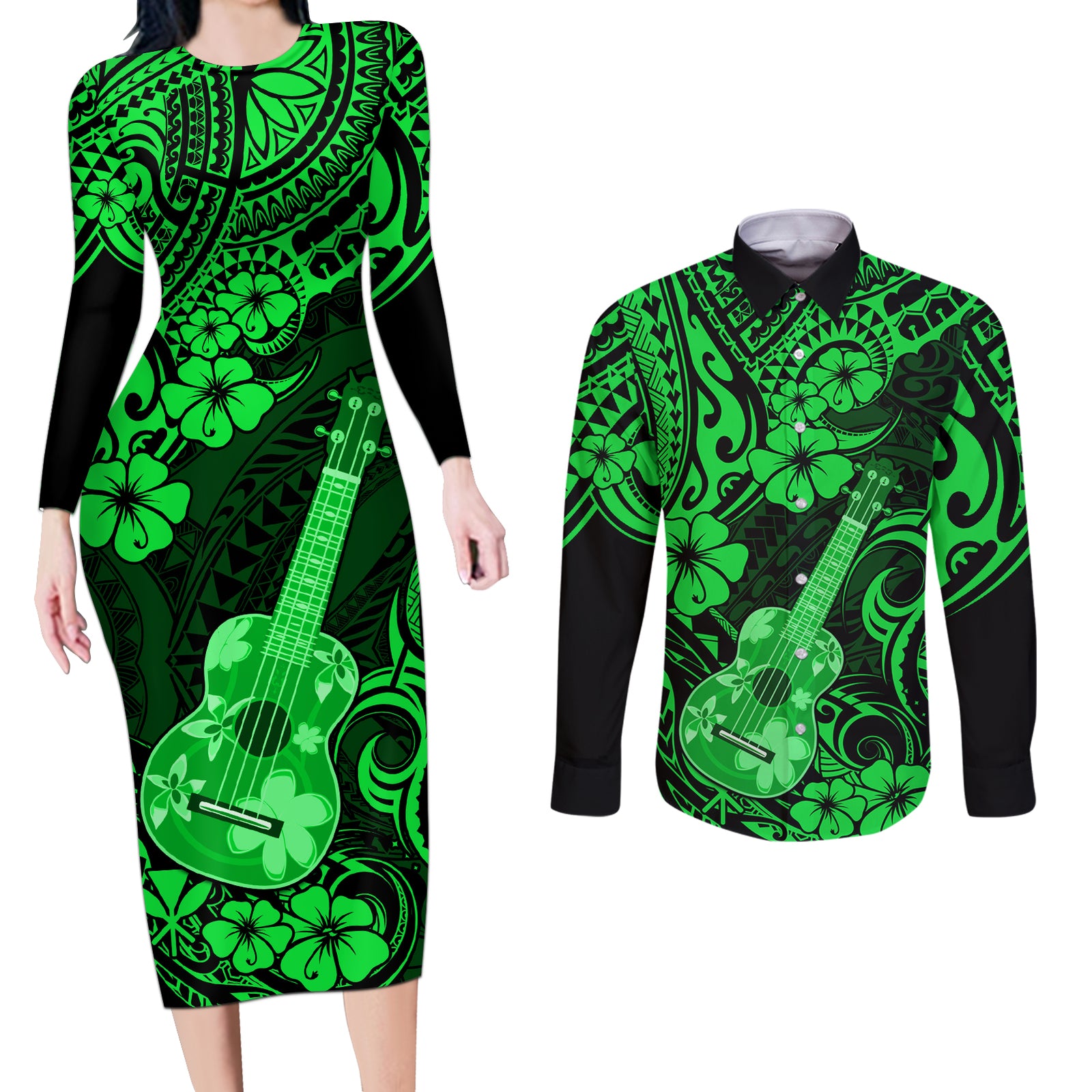 Hawaii Ukulele Couples Matching Long Sleeve Bodycon Dress and Long Sleeve Button Shirts Polynesian Pattern Green Version LT01 Green - Polynesian Pride