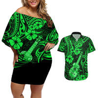 Hawaii Ukulele Couples Matching Off Shoulder Short Dress and Hawaiian Shirt Polynesian Pattern Green Version LT01 Green - Polynesian Pride