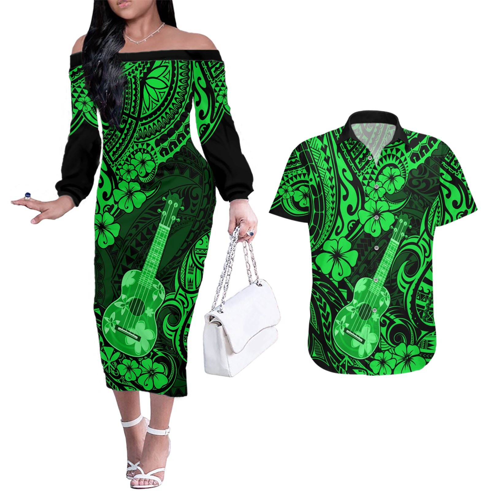 Hawaii Ukulele Couples Matching Off The Shoulder Long Sleeve Dress and Hawaiian Shirt Polynesian Pattern Green Version LT01 Green - Polynesian Pride