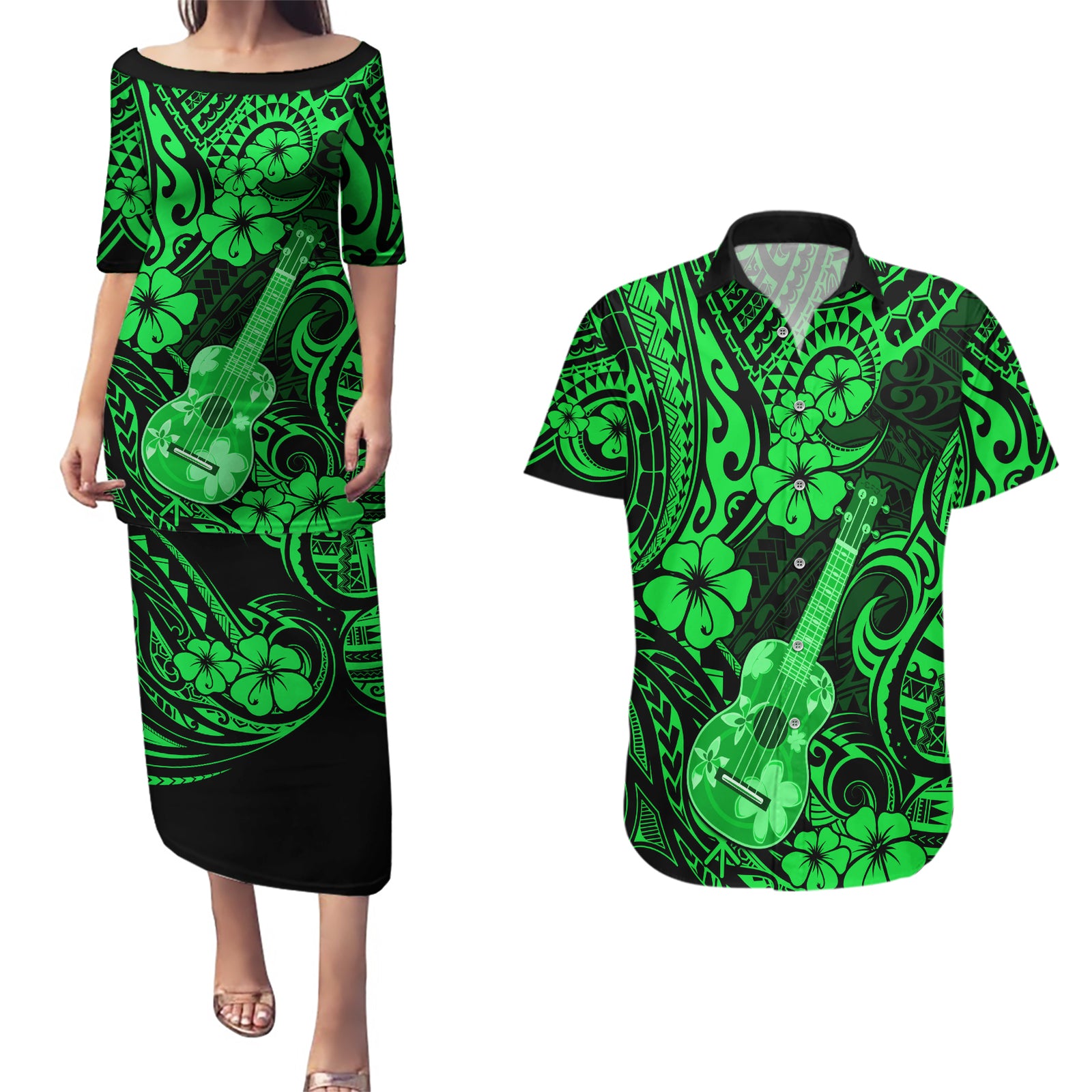 Hawaii Ukulele Couples Matching Puletasi Dress and Hawaiian Shirt Polynesian Pattern Green Version LT01 Green - Polynesian Pride