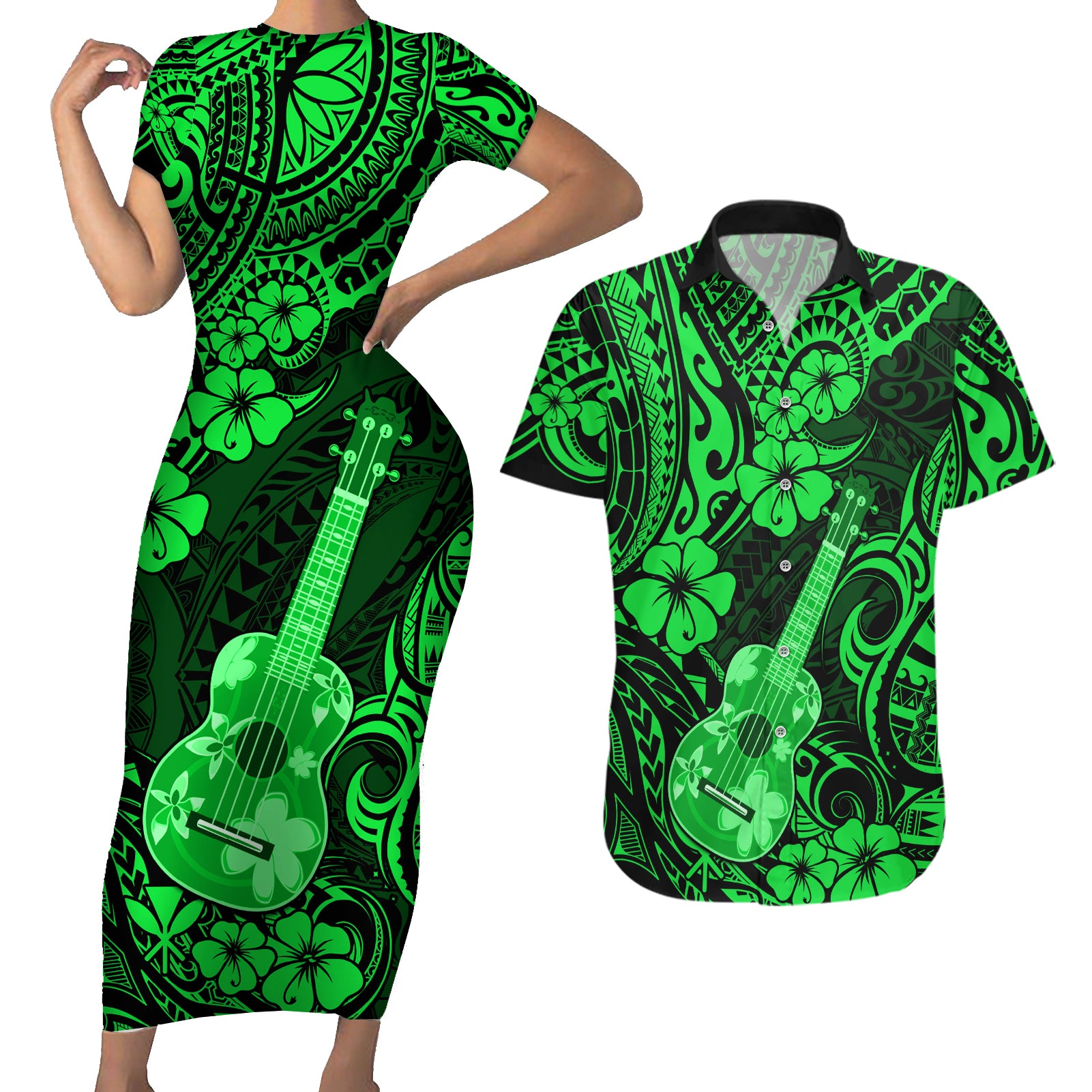 Hawaii Ukulele Couples Matching Short Sleeve Bodycon Dress and Hawaiian Shirt Polynesian Pattern Green Version LT01 Green - Polynesian Pride