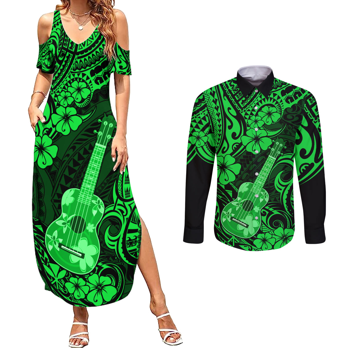 Hawaii Ukulele Couples Matching Summer Maxi Dress and Long Sleeve Button Shirts Polynesian Pattern Green Version LT01 Green - Polynesian Pride